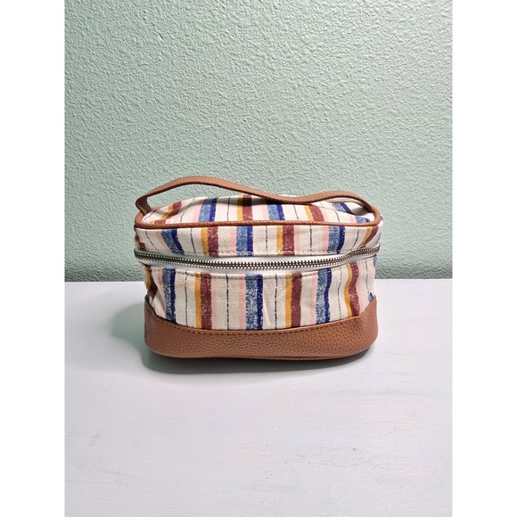 Handbags - Striped Makeup Cosmetic Zipper with Handle Beads Bag